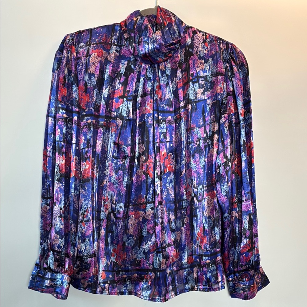 Vintage Satin Multicolor Abstract Women's Long Sleeve Top - Mock Neck